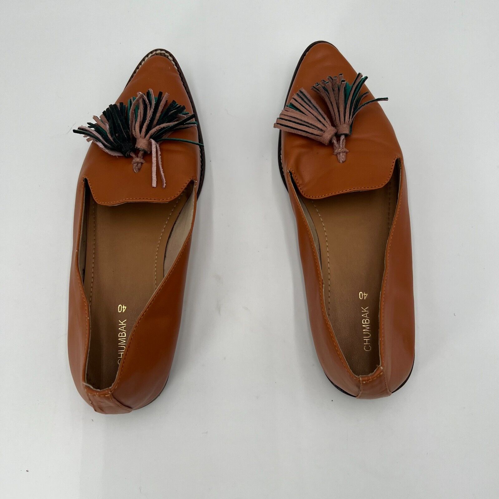 Chumback Slip On Loafer Brown Leather Tassels Flats Pointed Toe Womens Size 9