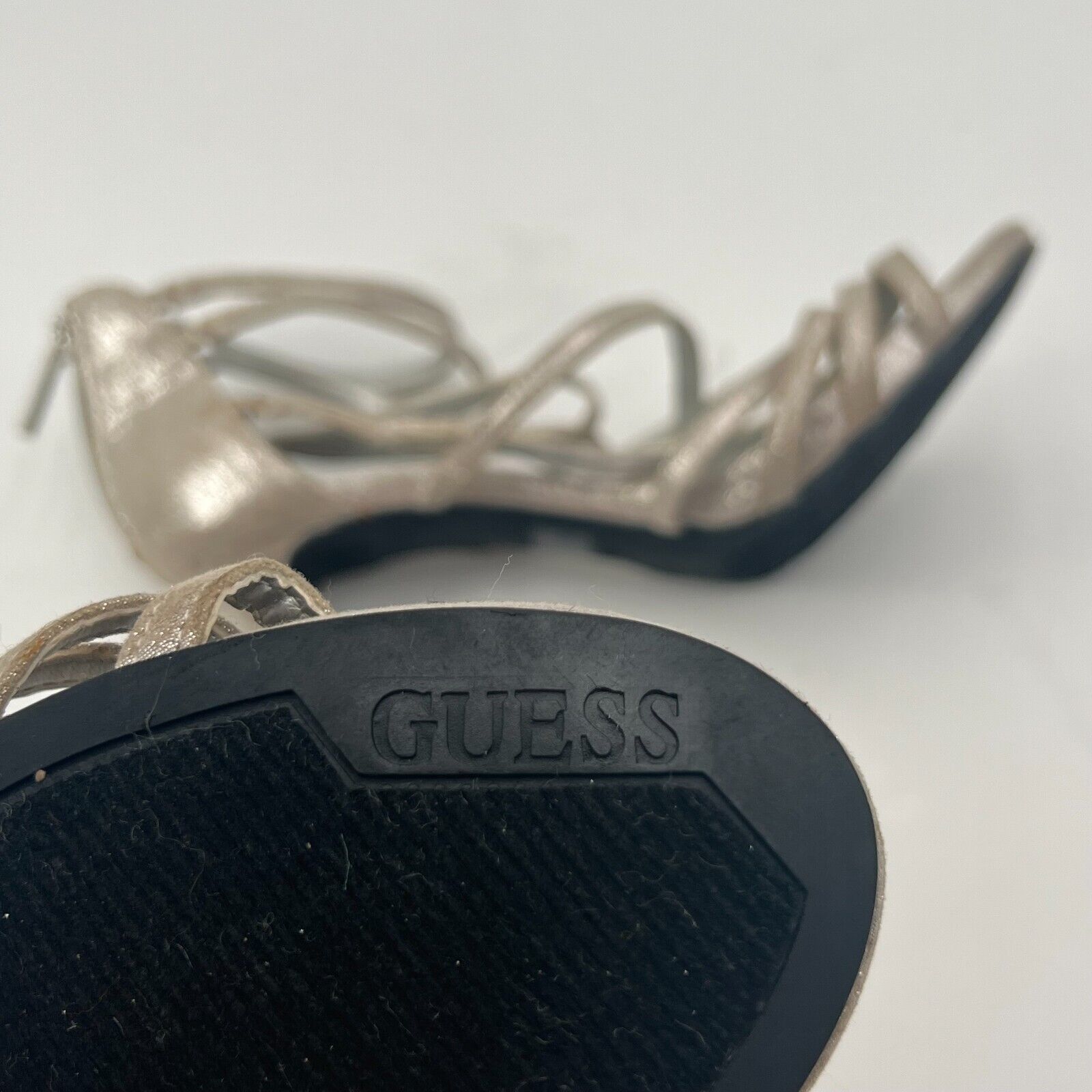 Guess Strappy Dress Sandals 4” Heel Adjustable Buckle Rose Gold Sparkle Womens S