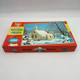 Vintage 1950s Built Rite 1000 pc Picture Puzzle Snowy Winter Scene & Church