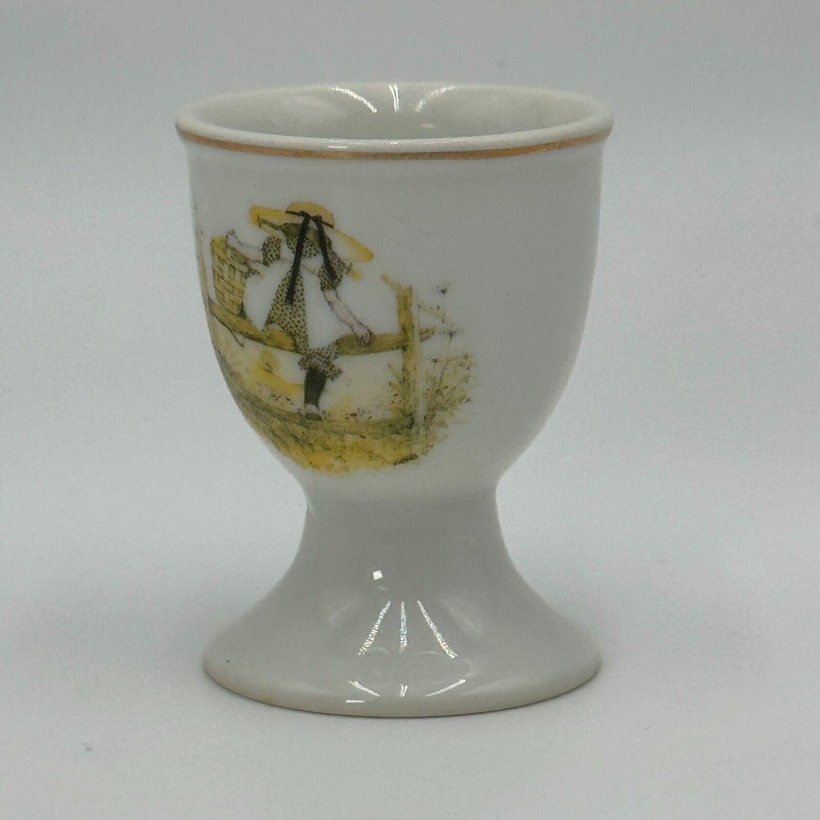 Vintage 1970s Gilded Gold Rimmed Porcelain Holly Hobbie Sitting Egg Cup 2.5” H