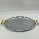 VINTAGE KROMEX CHROME METAL SERVING TRAY PLATTER ROUND WITH BRASS HANDLES 13.5"