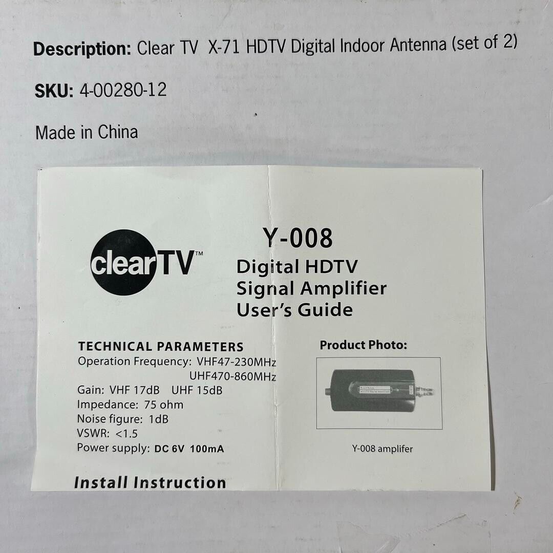 ClearTV Digital HDTV Signal Amplifier Antenna X-71 Y-008