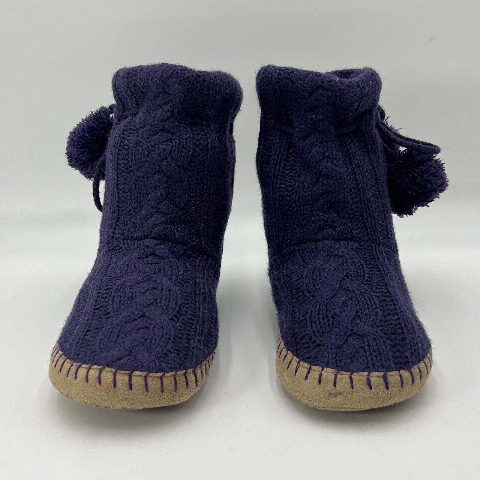 American Eagle Knit Slipper Boots Draw String Purple Puff Ball Womens Size 9-10