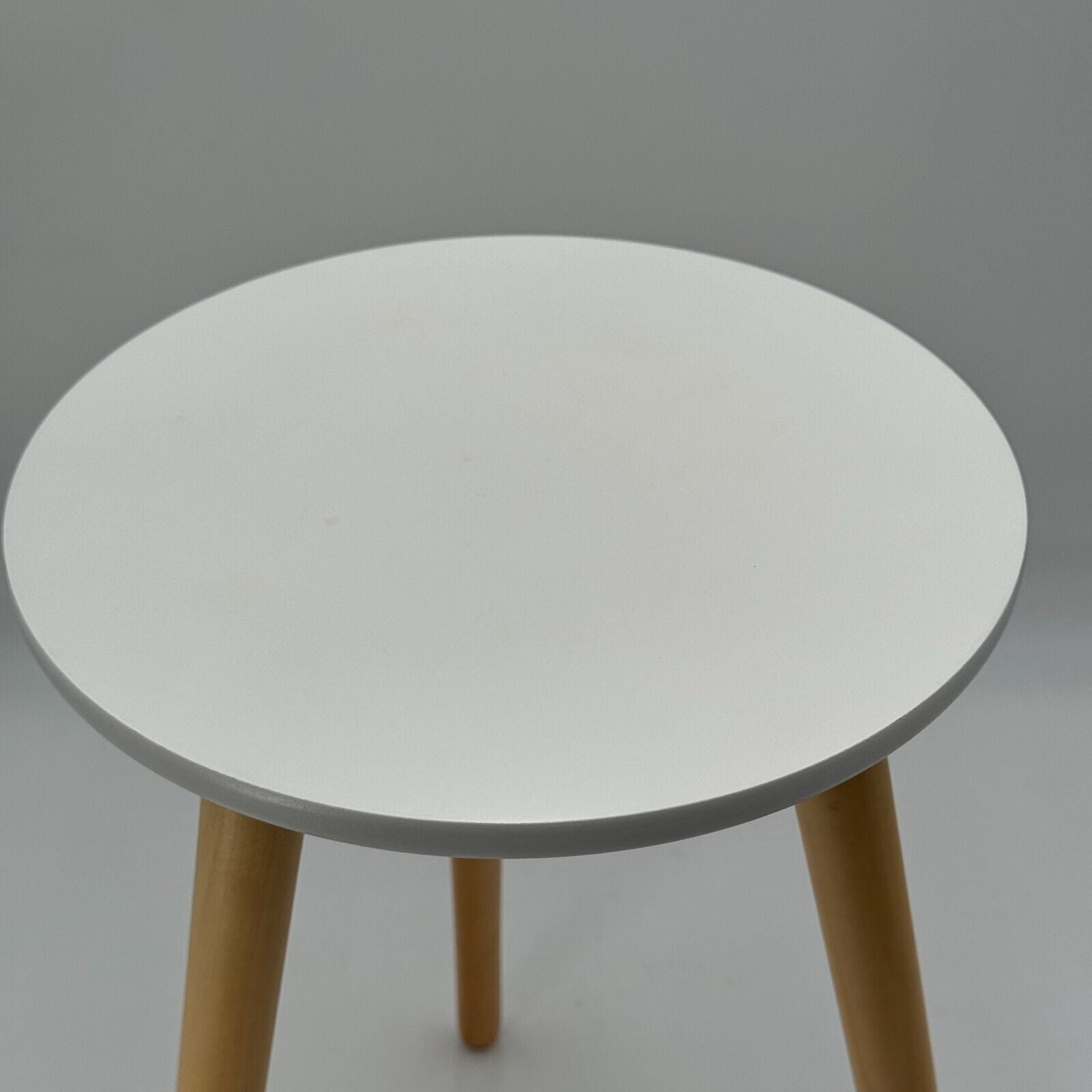 End Table White Round Top 3 Light Stained Wood Legs Screw In Easy Assembly