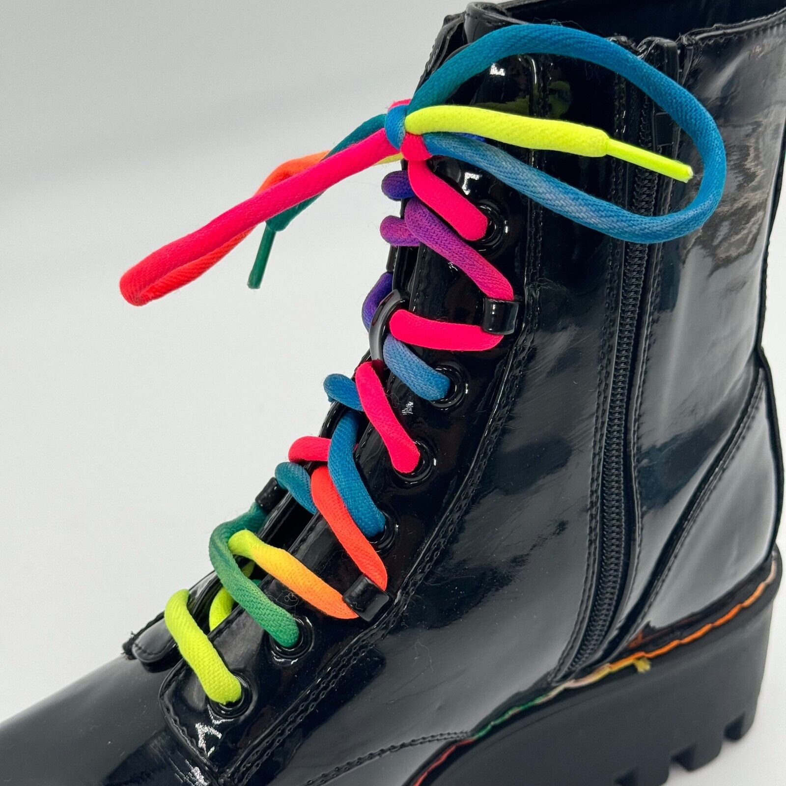 Bamboo Platform Combat Boots Glossy Black Leather Rainbow Women's Size 10 US