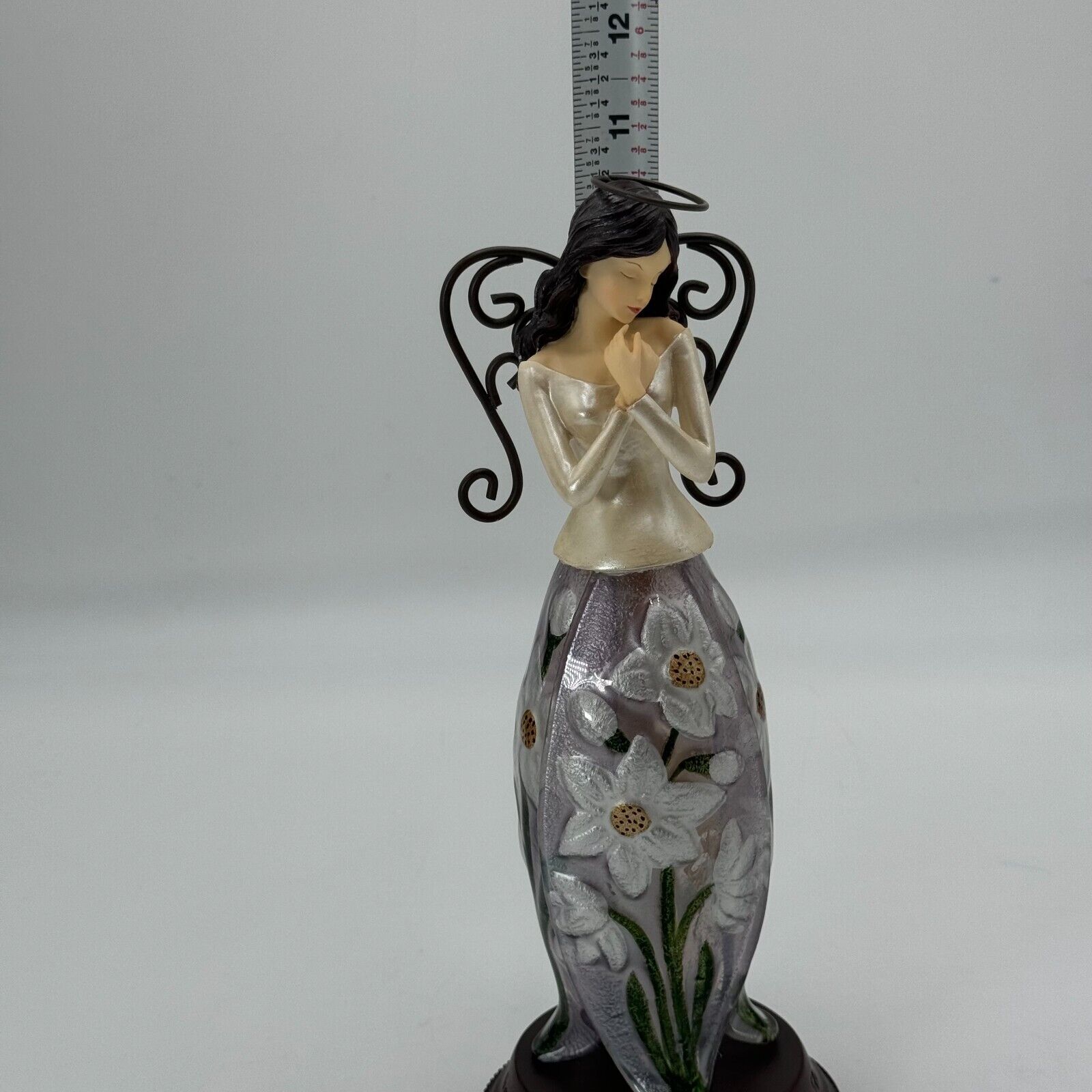 December 11in Glass Angel Figurine Flower Metal Stand Engraved Bless Protect NIB