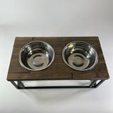 Pet Dog Cat Food Water Bowl Elevated Double Dish Holder Wood Top Metal Stainless