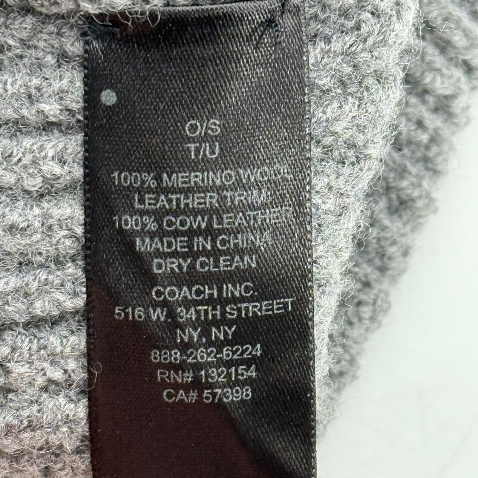 Coach Grey Knit Beanie Quality 100% Wool Genuine Leather Black Logo Trim