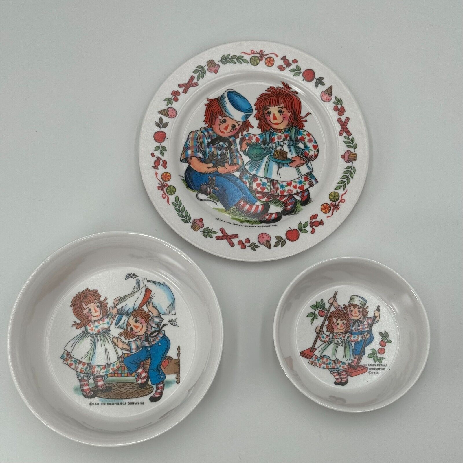 1969 Vintage Raggedy Ann & Andy Dolls Dinner Plate and Bowl Set Bobbs-Merrill