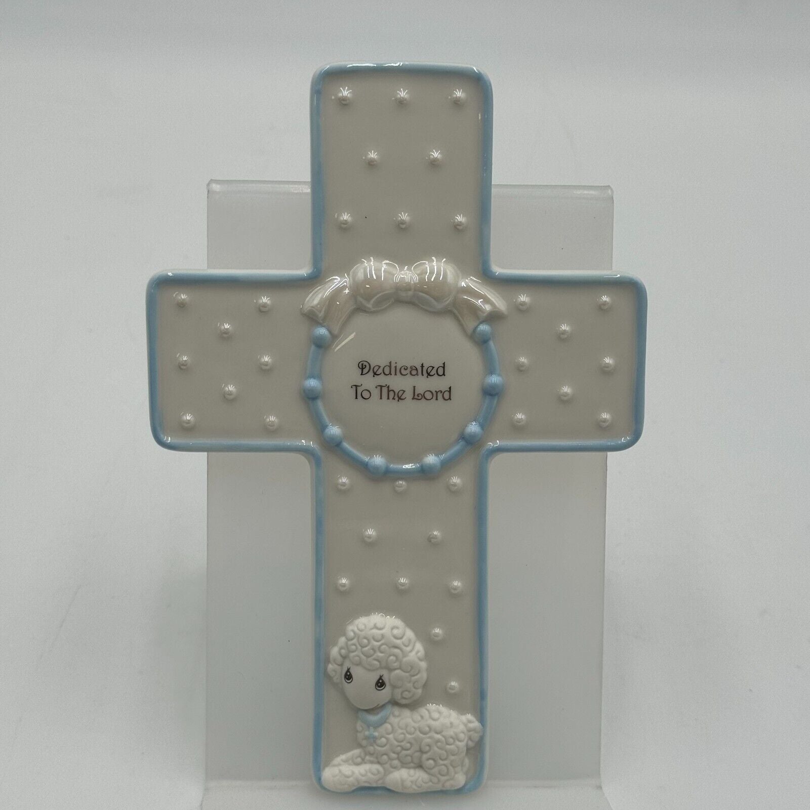 Precious Moments Wall Cross Dedicated Lord White Sheep Baby Blue Back Stand