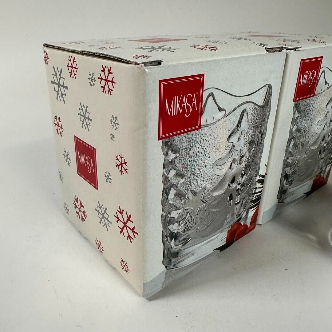Mikasa Christmas Tree Yule Time Glass Votive Candle Holder 3.5" NIB Japan - Set