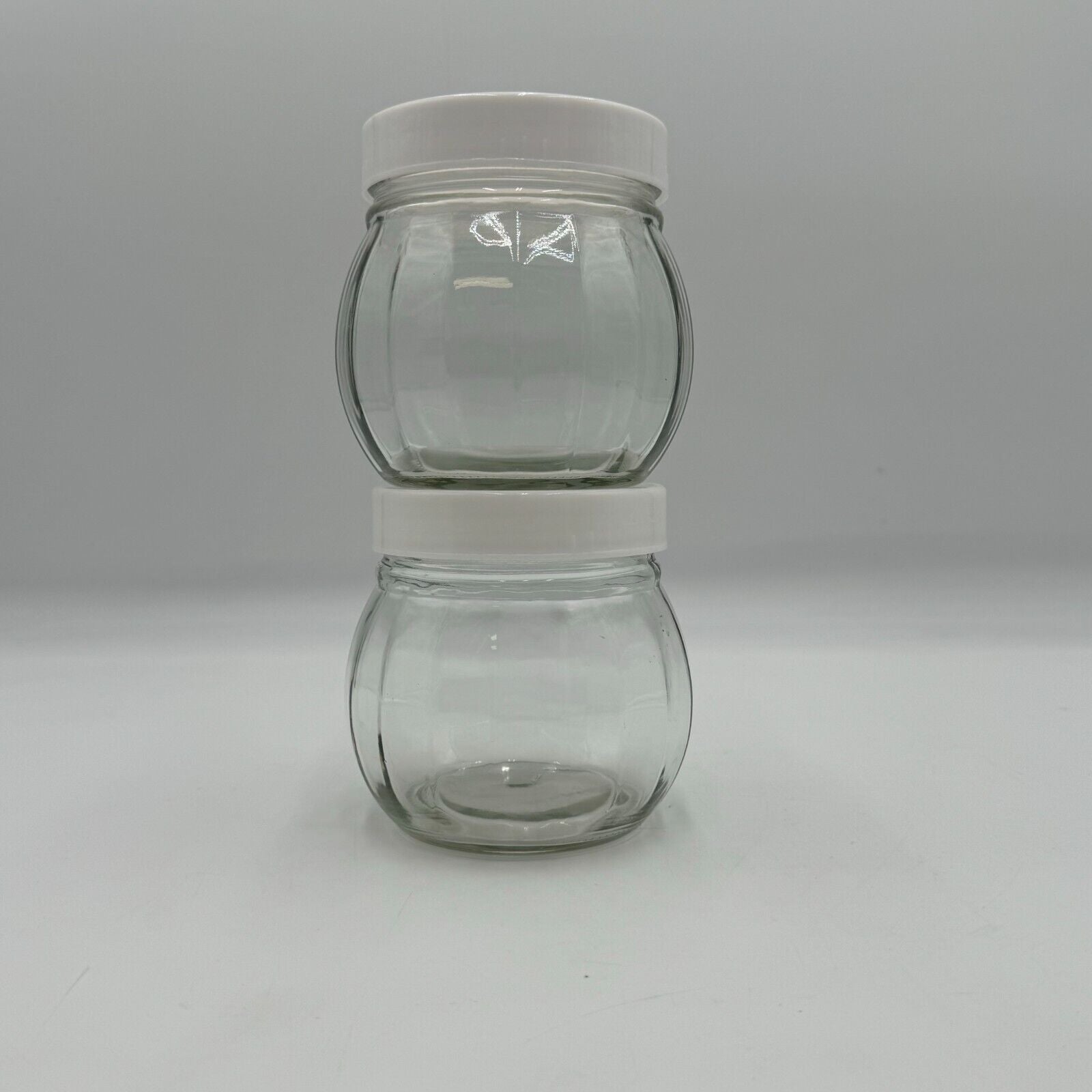 Set of 2 Spherical Clear Airtight Canning Jars With White Plastic Lid Stackable