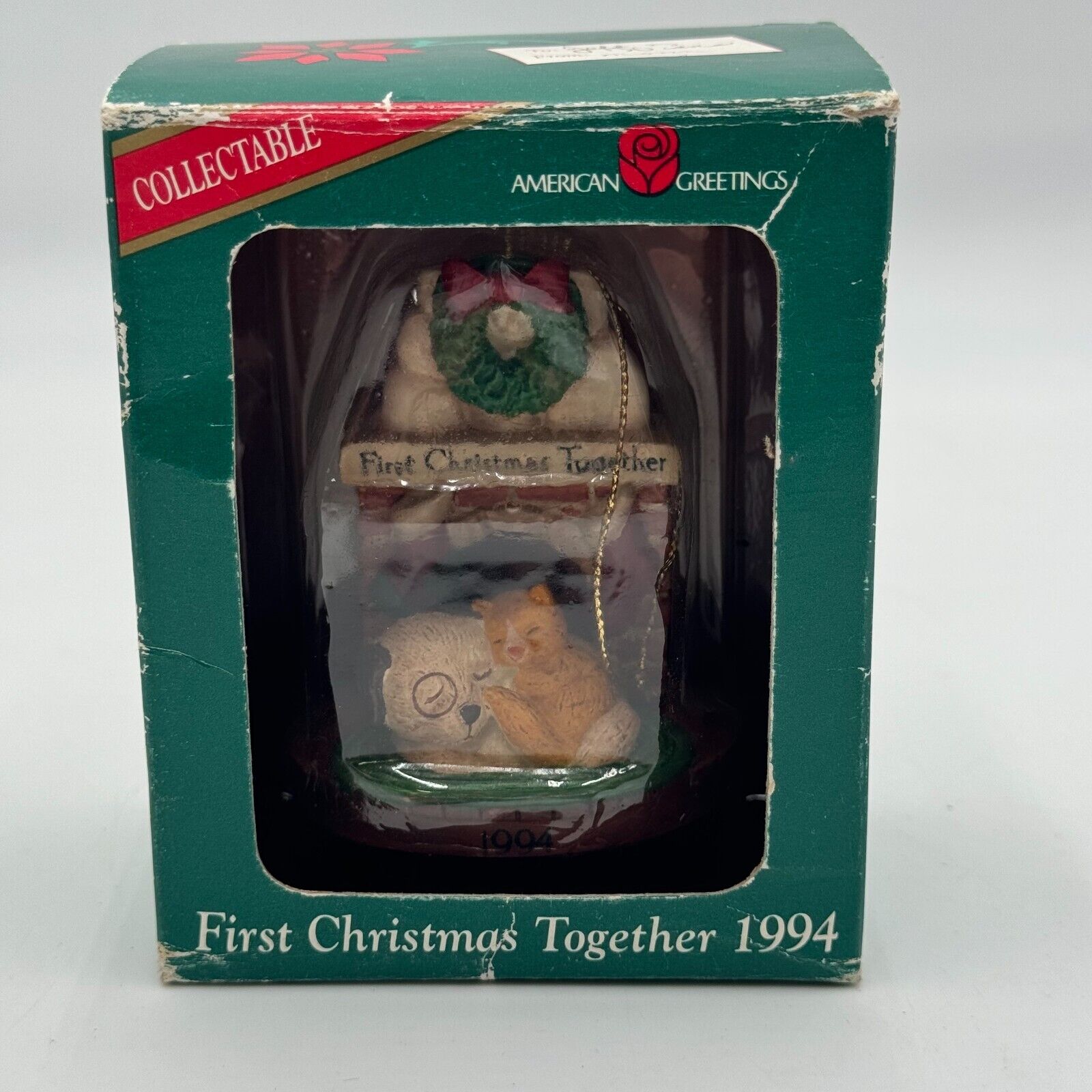 2 pc Our First Christmas Together Ornaments Dog Cat Fireplace Bears Sleigh 1994