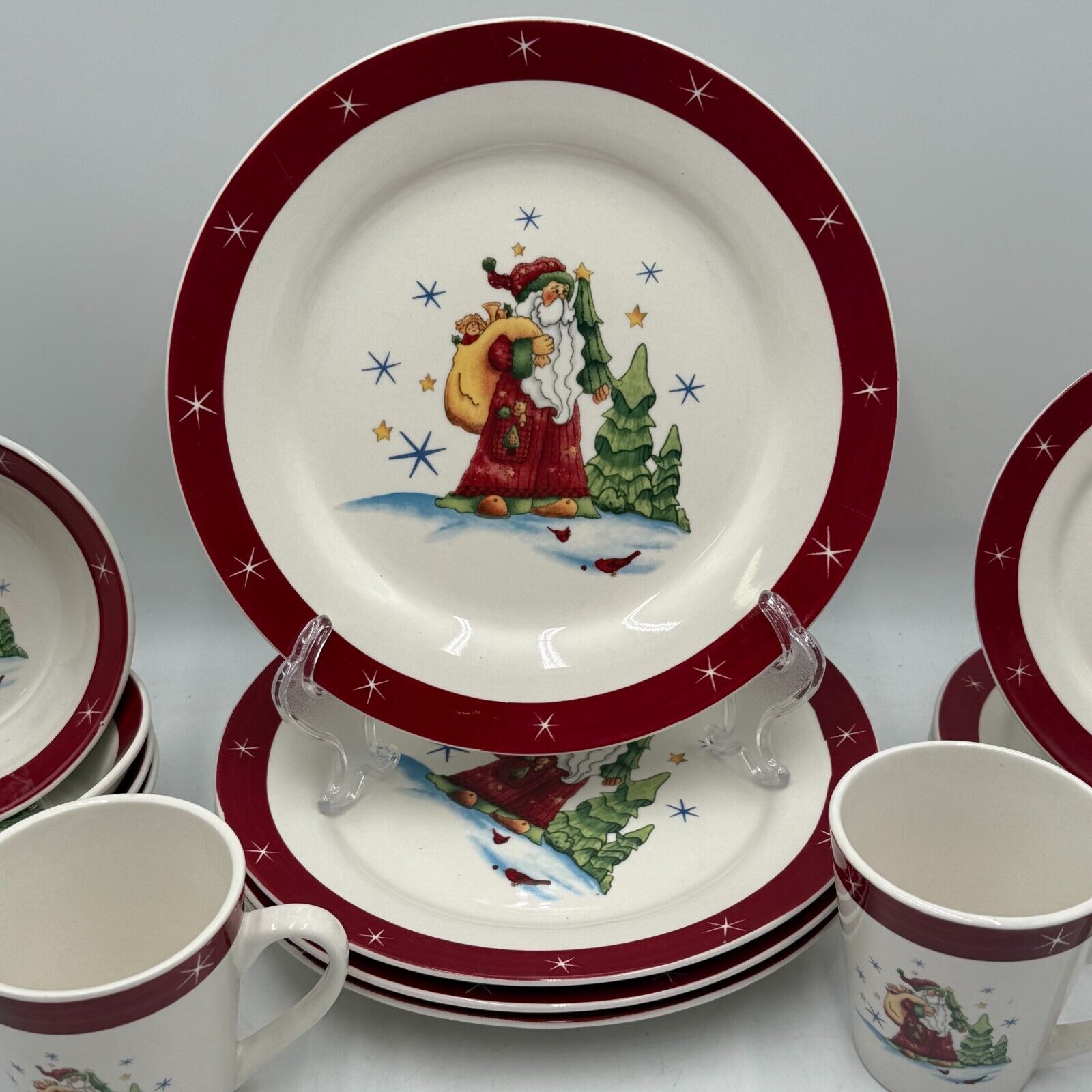 Holiday 16 Piece Dinnerware Set Serves 4 Winter Santa Cups Bowl Plates Christmas