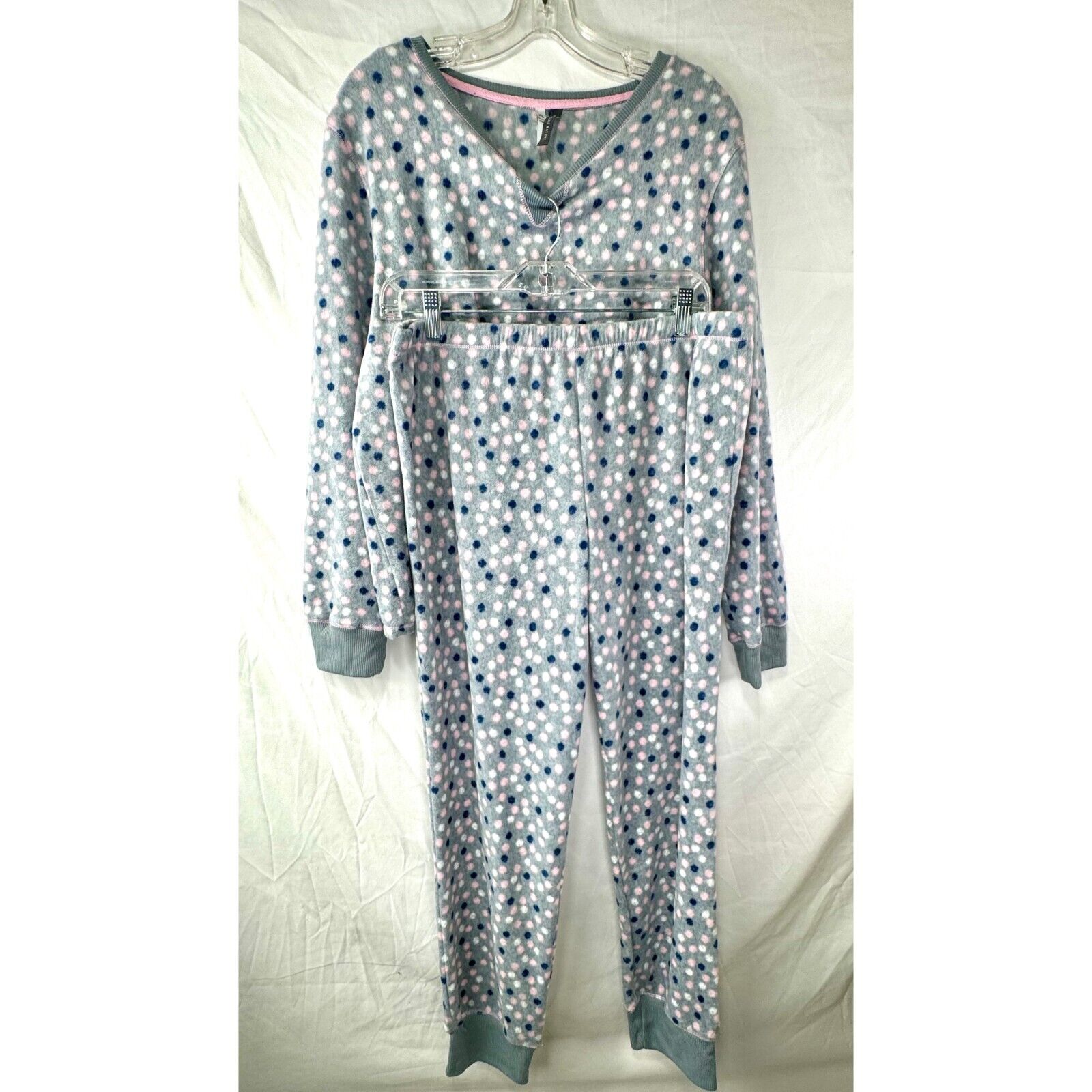 Jaclyn Intimates 2pc Pajama Set Grey Pink Blue Polka Dots Womens Size XL NWT