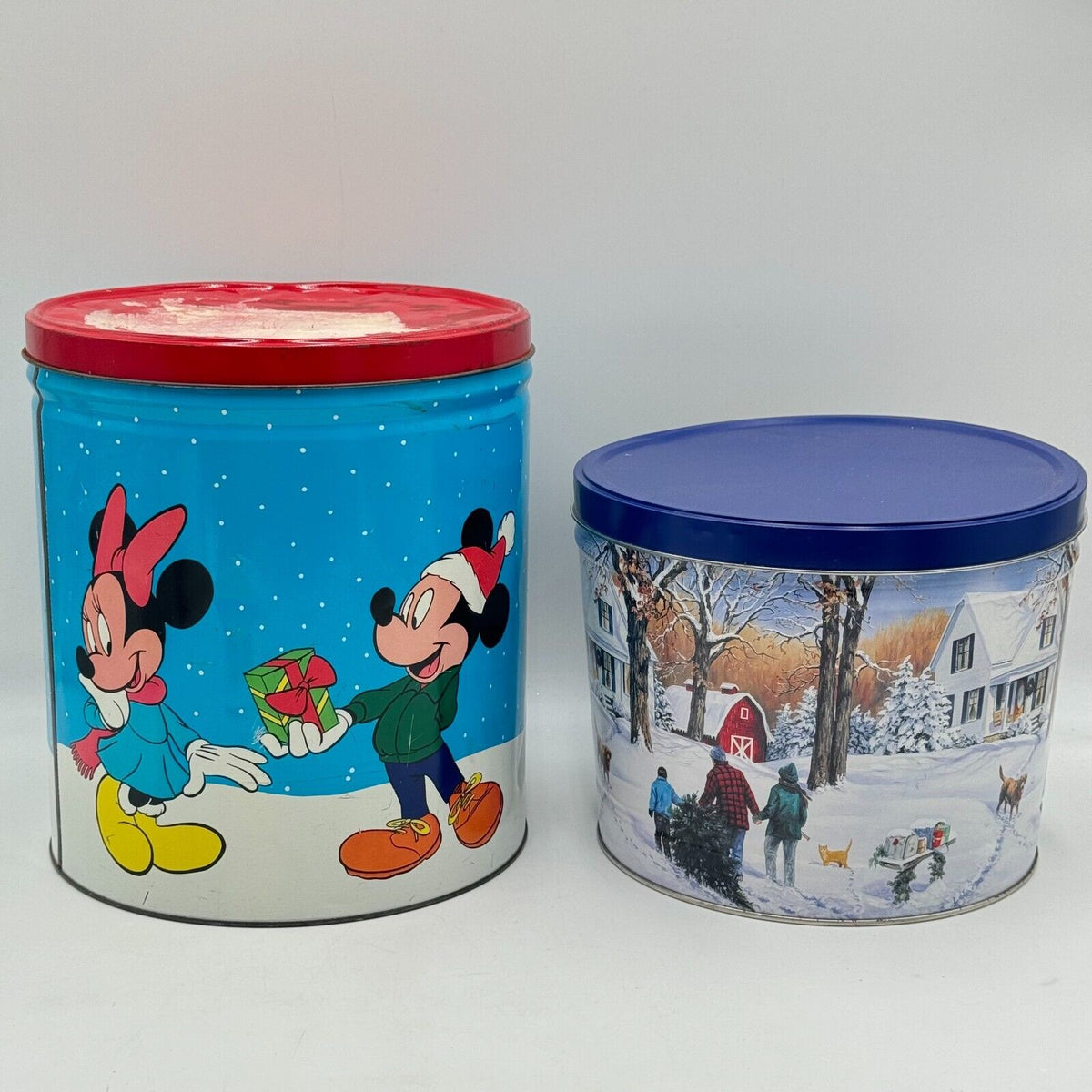 2 Large Christmas Popcorn Tins Snowy Farmhouse 11in Disney Mickey Minnie Donald