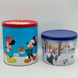 2 Large Christmas Popcorn Tins Snowy Farmhouse 11in Disney Mickey Minnie Donald