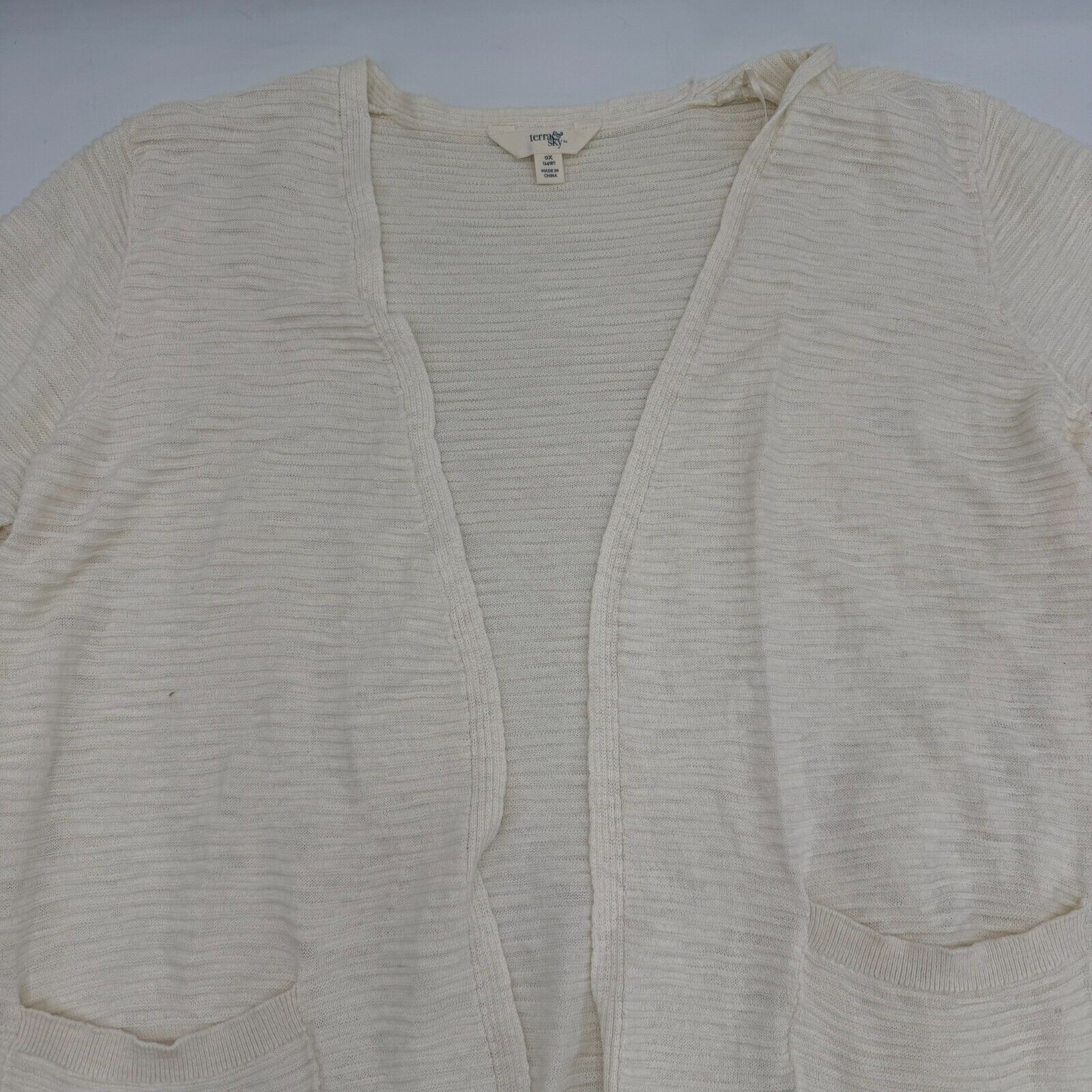 Terra & Sky Knit Cardigan Oprn Sweater Striped Cream Women’s Size oX XL 14W Wide