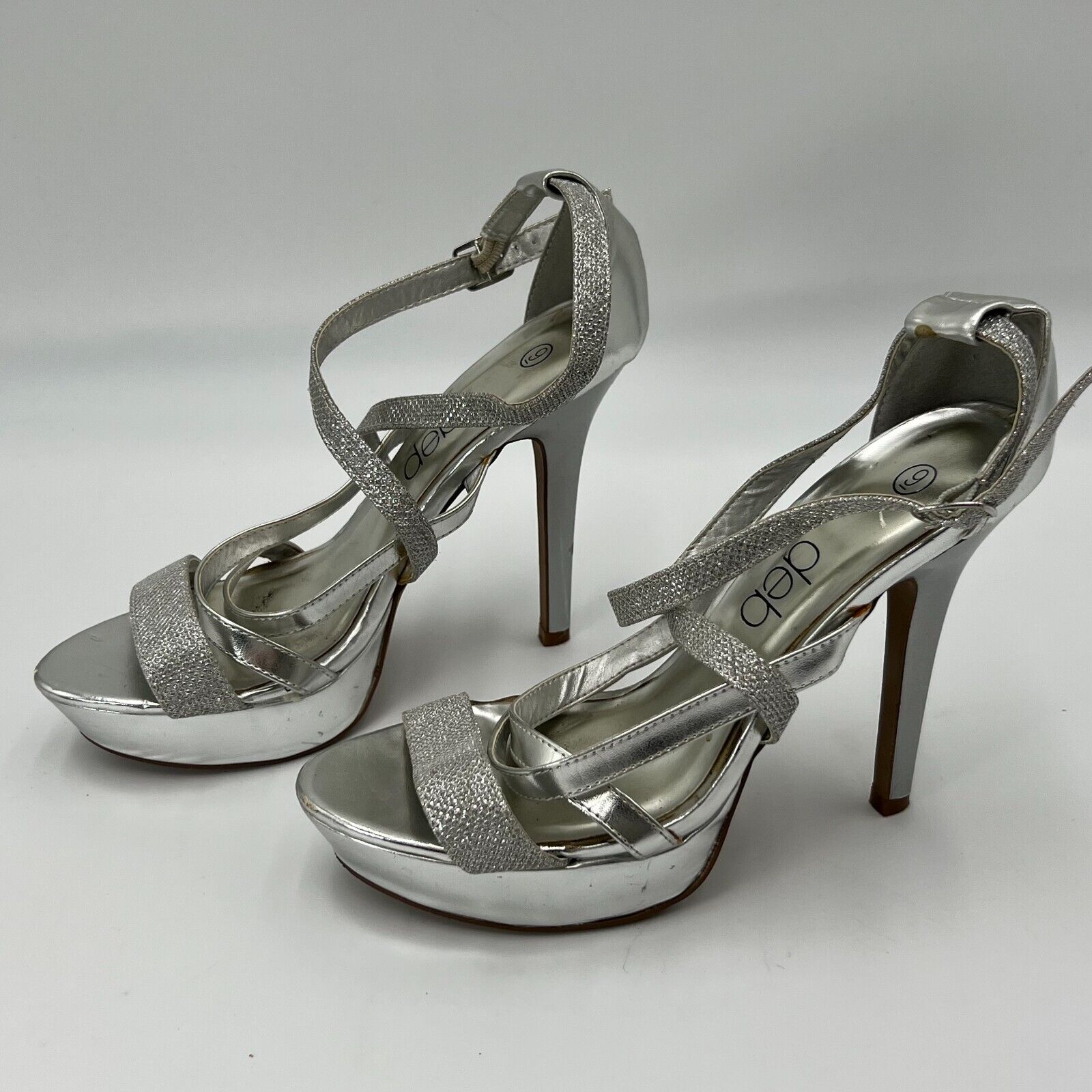 DEB 5 Inch Heels Platform Sandle Silver with Jewels Adjustable Buckle Womens Siz