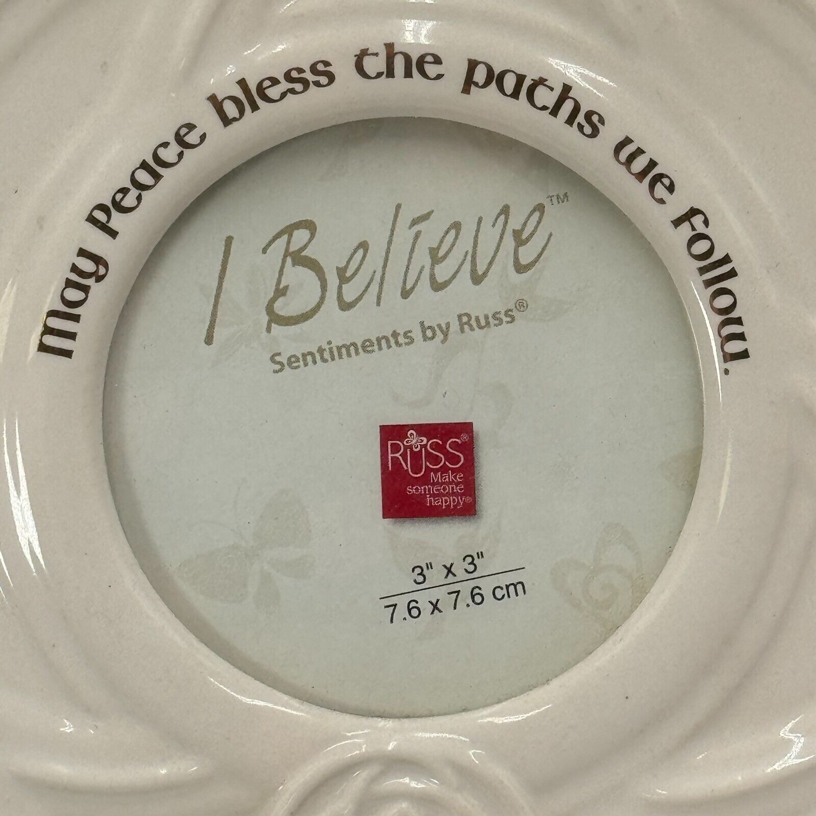 Russ I Believe Sentiments 3x3 in Round Photo Frame White Ceramic NEW