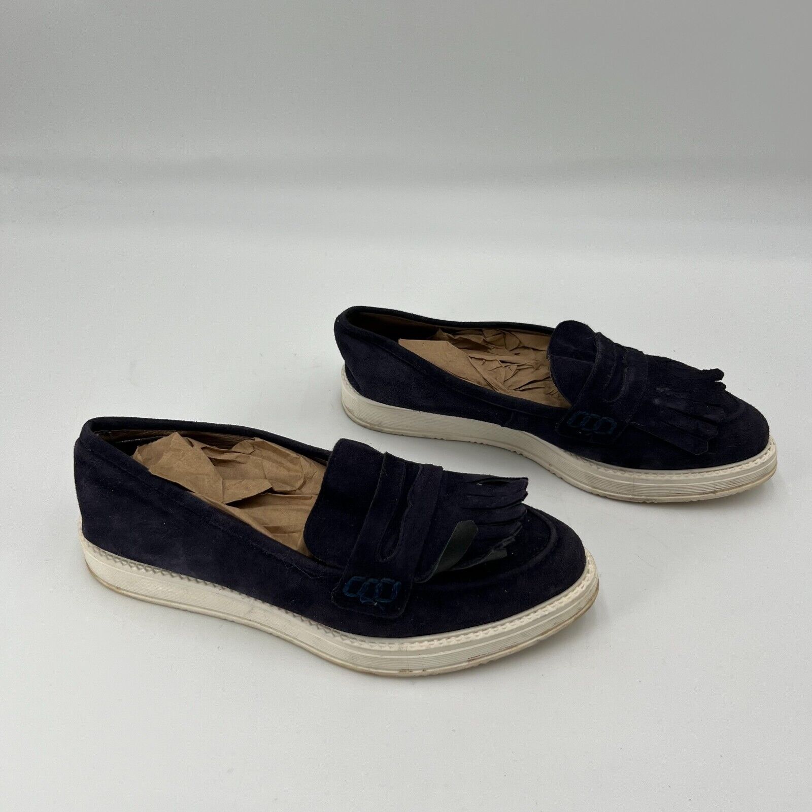 Anthropologie KMB Blue Suede Shoes Loafer Slip On Navy Tassel Womens Size 7.5