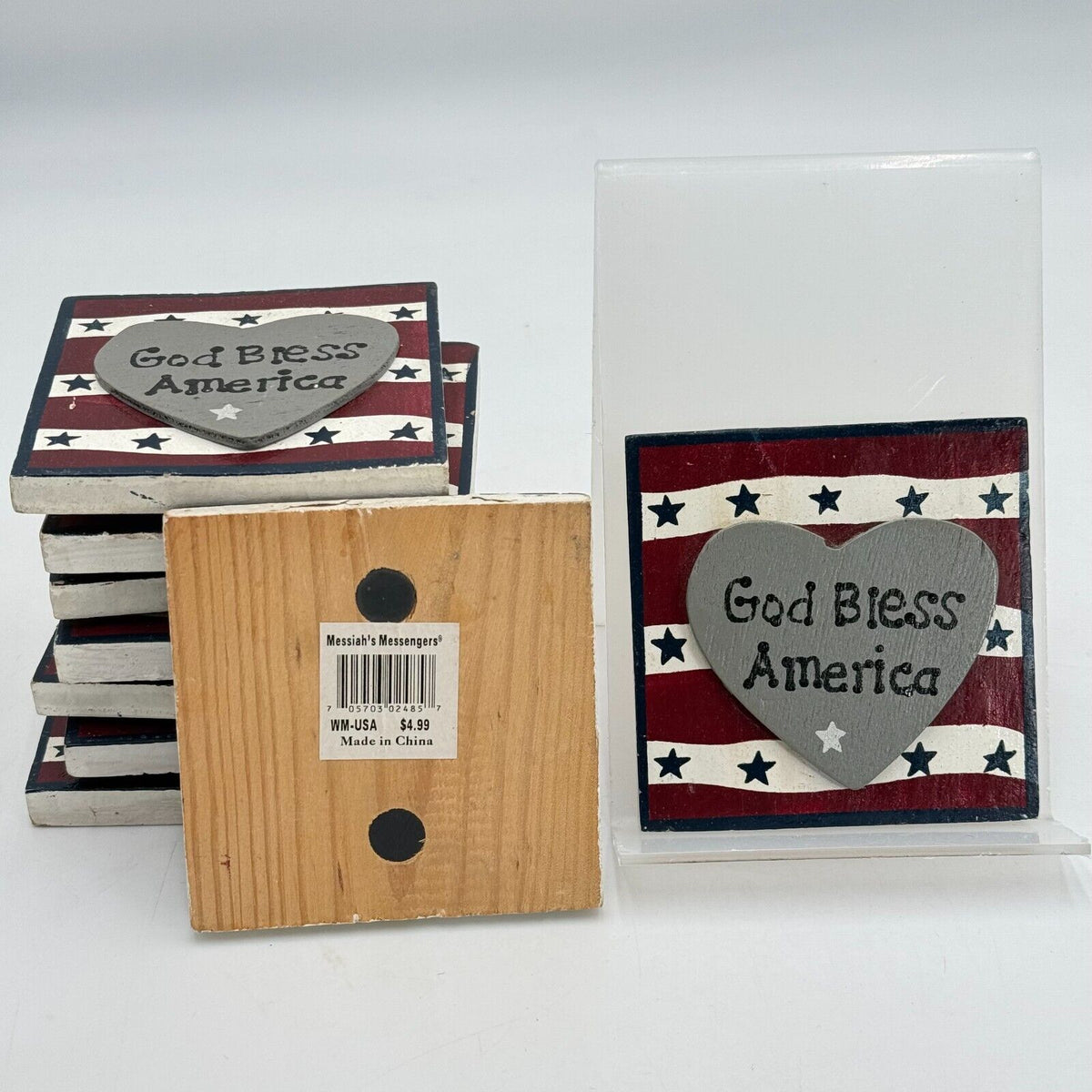 9 Pack 4in Square Wood Magnet Plaque God Bless America USA Flag Heart Home Decor