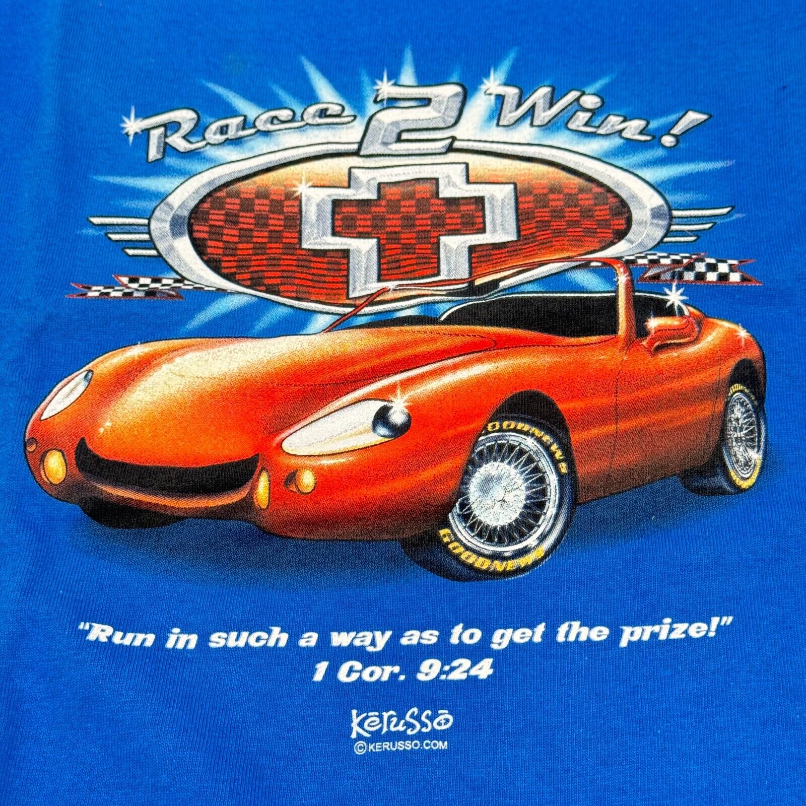 Kerusso Blue Orange Race Car 1 Corinthians Christian T-Shirt Youth Size M NWT