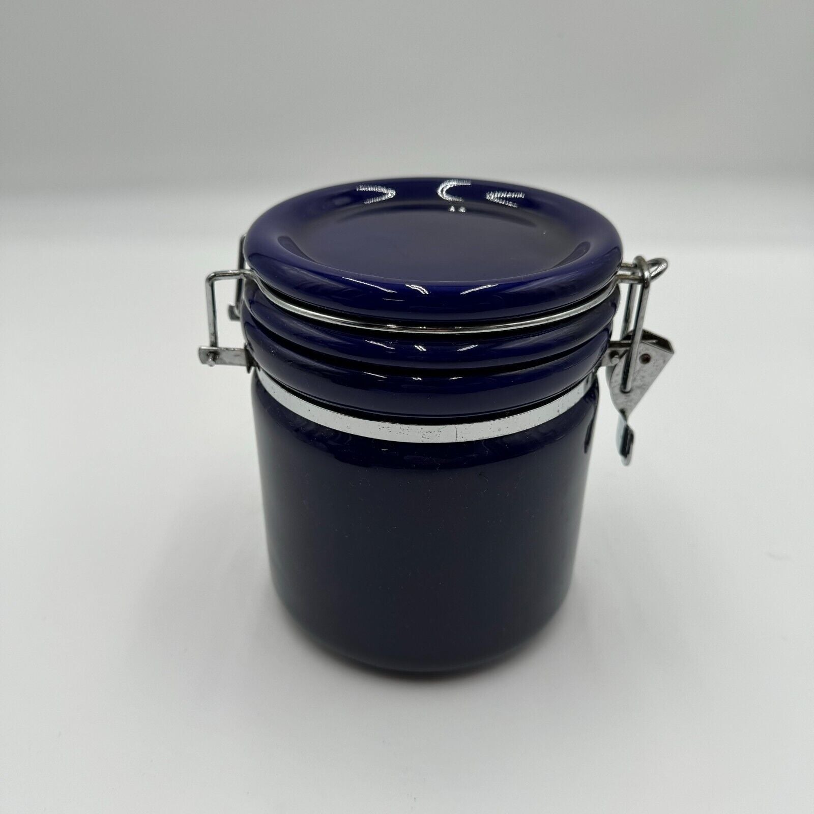 Set of 2 Kitchen Storage Canisters Blue Ceramic Metal Clasp 8” & 6” by 5”