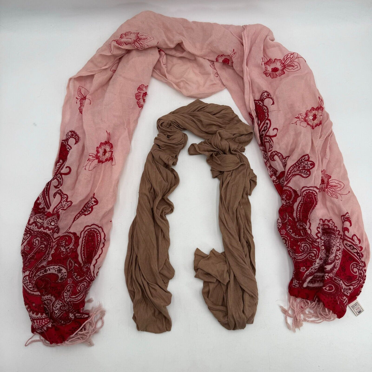 Lot of 2 Scarves Old Nsvy Pink Red Floral Plain Solid Tan Beige Brown Thin Scarf