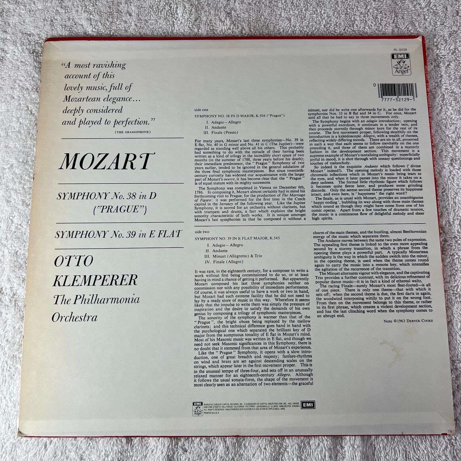 MOZART Symphonies No.38 in D Prague No. 3g in E flat Otto Klemperer Orchestra