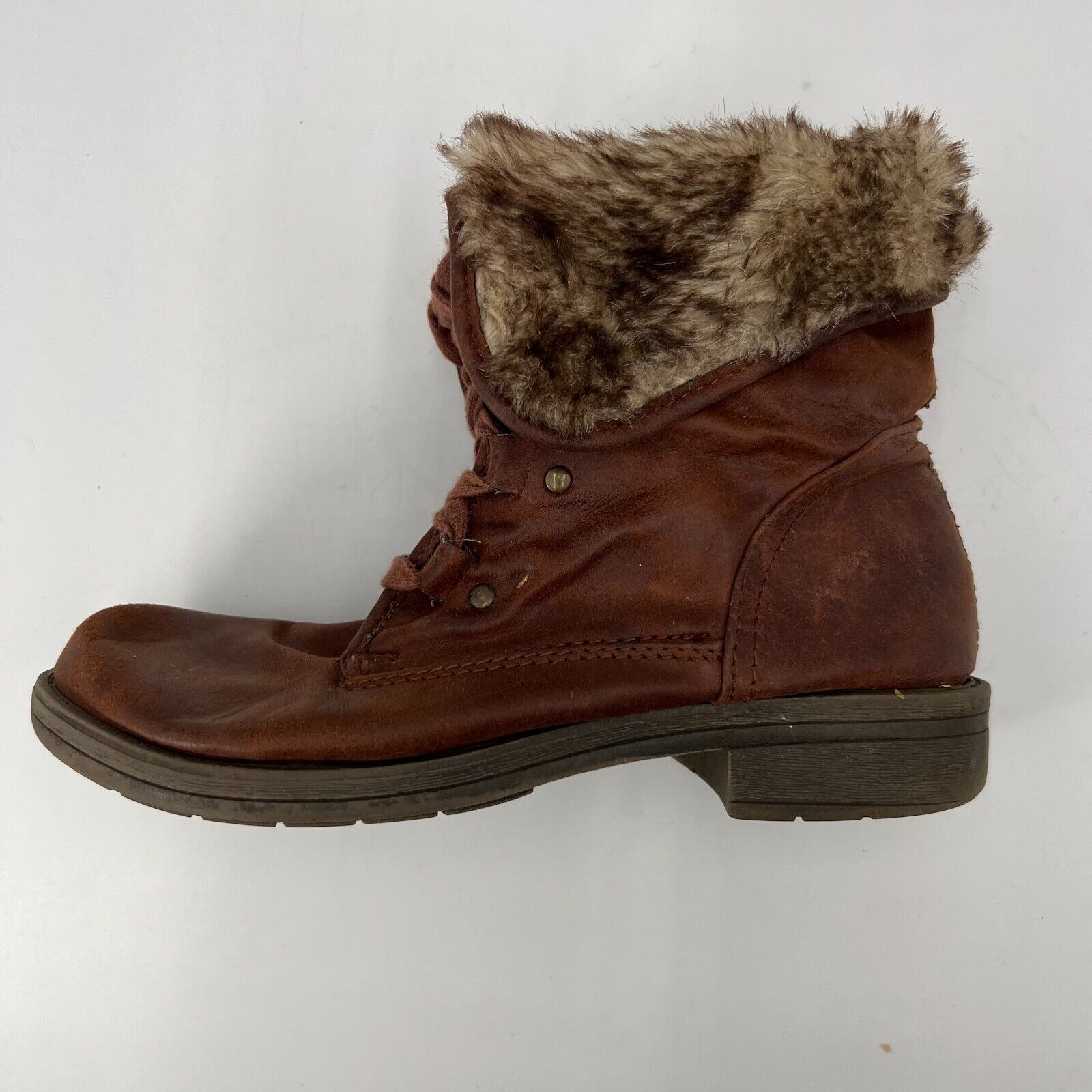 Brown Learher Combat Boots Lace Up Faux Fur Fold Over Snap Lining Womens Size 8.