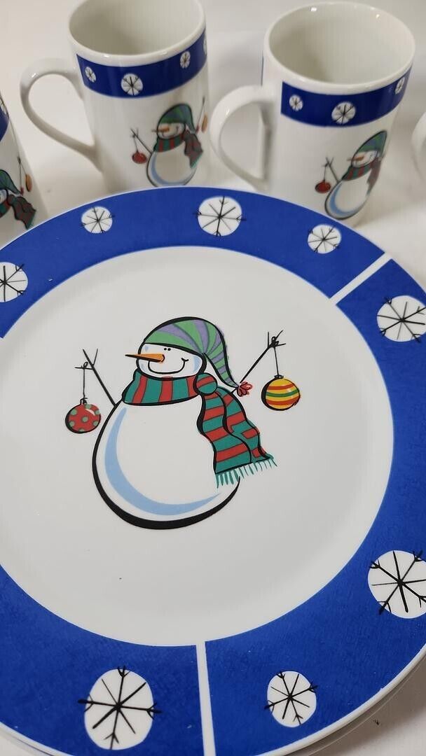 Holiday Home Snowman Christmas Blue 16 Piece Dinner Salad Plate Bowl Mug