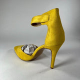 Forever Short Fuzz Textured Mustard Yellow 4" Heels Pointed Toe w/ Strap Sz 8.5