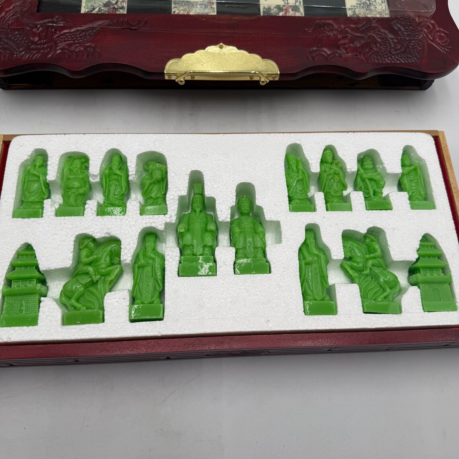 Asian Emperor’s Court Chess Set Fold Board Drawers Carved Jade & Mahogany Pieces