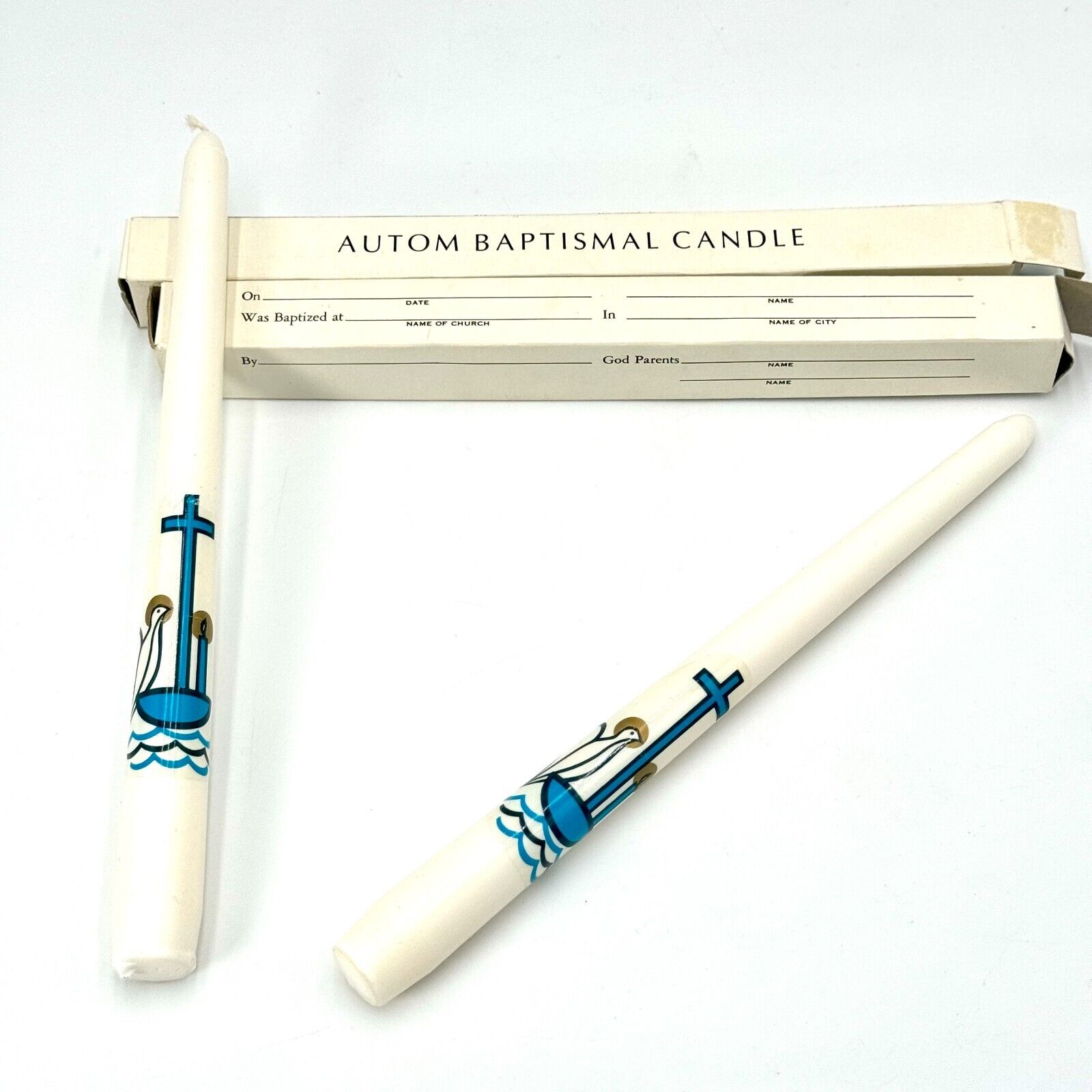 2 Pack Autom Baptismal 10in Candles Blue Cross Catholic Dedication Godparent NIB