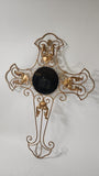 Intricate Decorative Gold Pleated Metal Cross Centered W/ Round Bejeweled Mirror