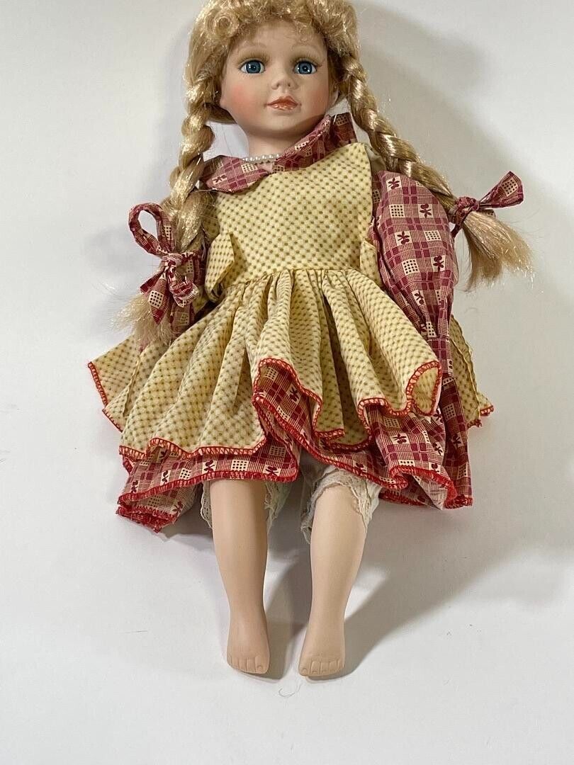 Vintage Porcelain Collectors 17" Doll Beautiful Dress Braids Blond Blue Eyes