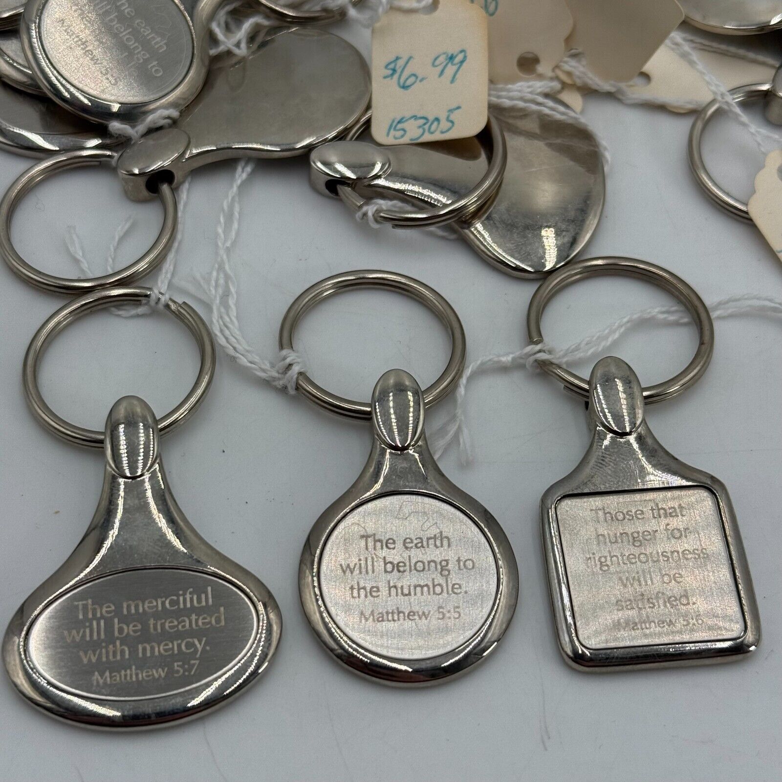 Lot of 15 Stainless Steel Keychains Engraved W/ Inspirational Bible Verse Quotes