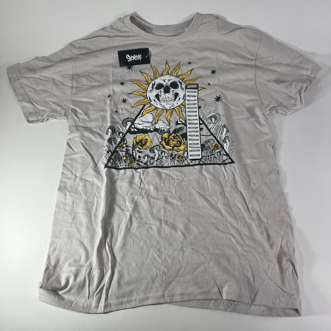 Spencer’s Adult Size M T-Shirt Grey/Beige Flower Mushroom Skull Sun Flower - New