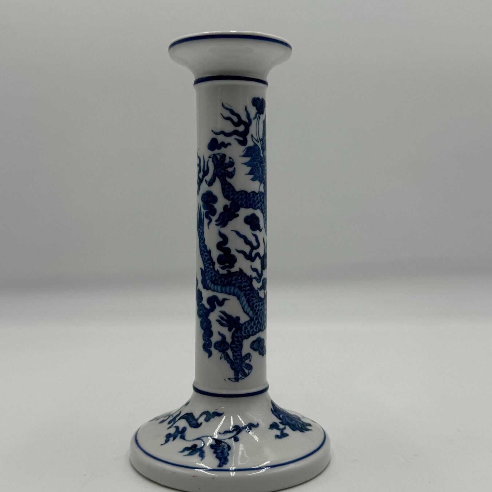 Andrea By Sadek Blue And White Ceramic Dragon Candlesticks 8in Vintage Chinese