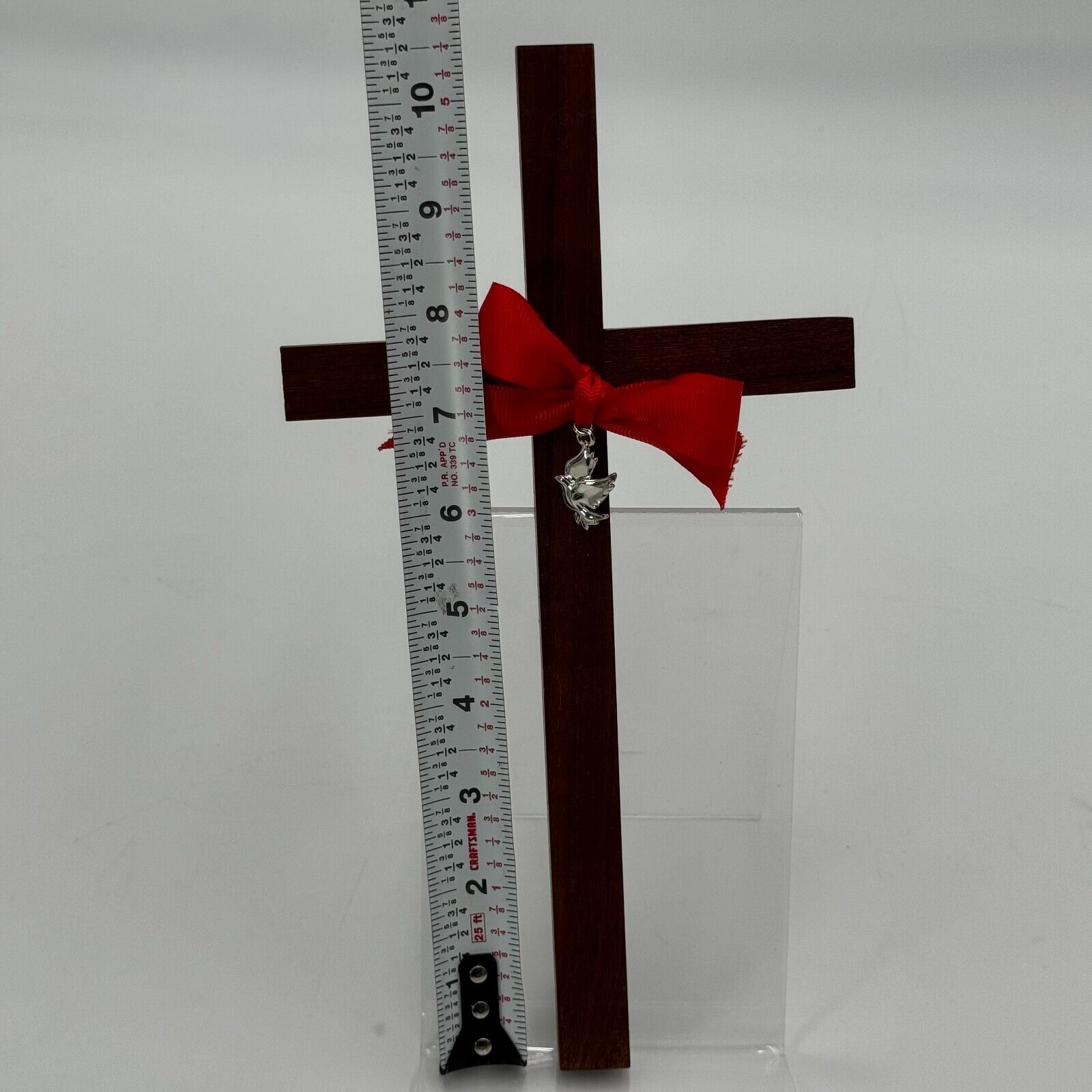 Wood Cross Decorative Christian Wall Art Red Ribbon Silver Dove Peace Jesus 11"