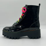 Bamboo Platform Combat Boots Glossy Black Leather Rainbow Women's Size 10 US