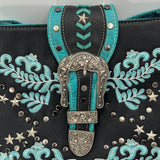 Western Style Purse Handbag Shoulder Strap Buckle Zipper Pockets Turquoise