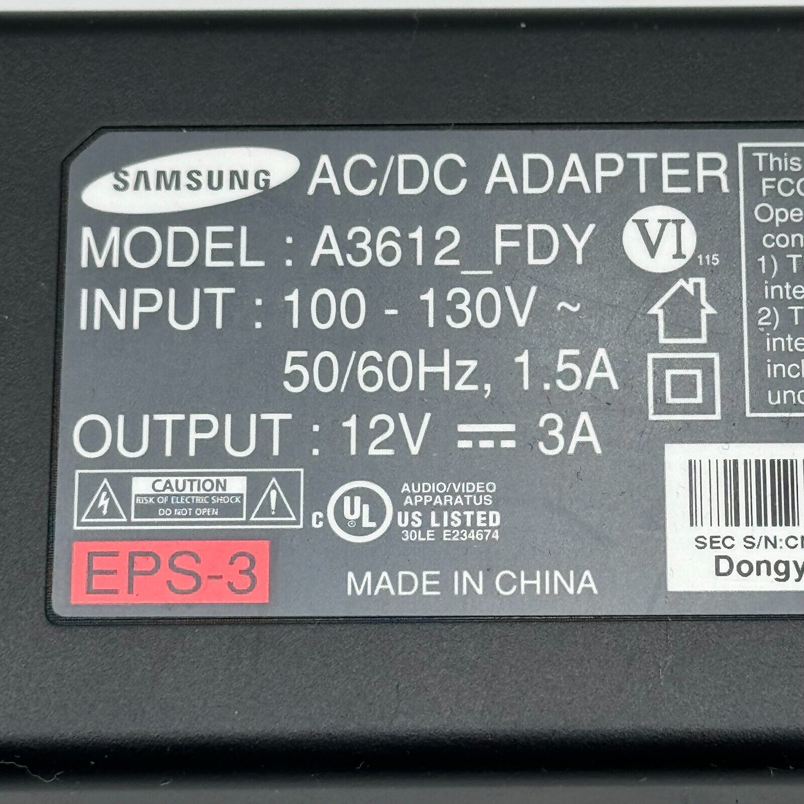 OEM Samsung A3612_FDY Power Supply 12V 3A AC DC Adapter Charger EPS-3