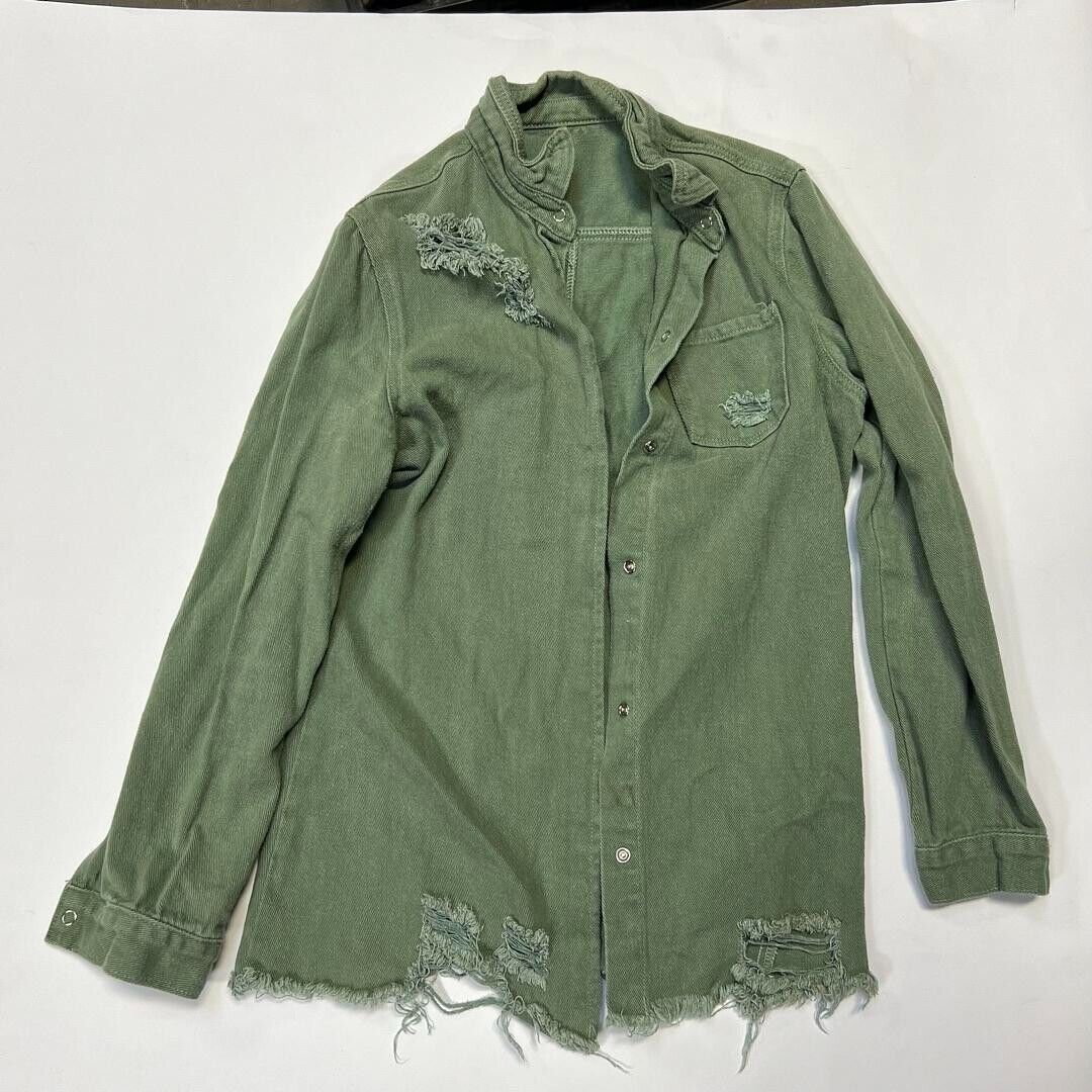 Stylish Distressed Collared Button Cuffed Womens Denim Jacket Green Size M