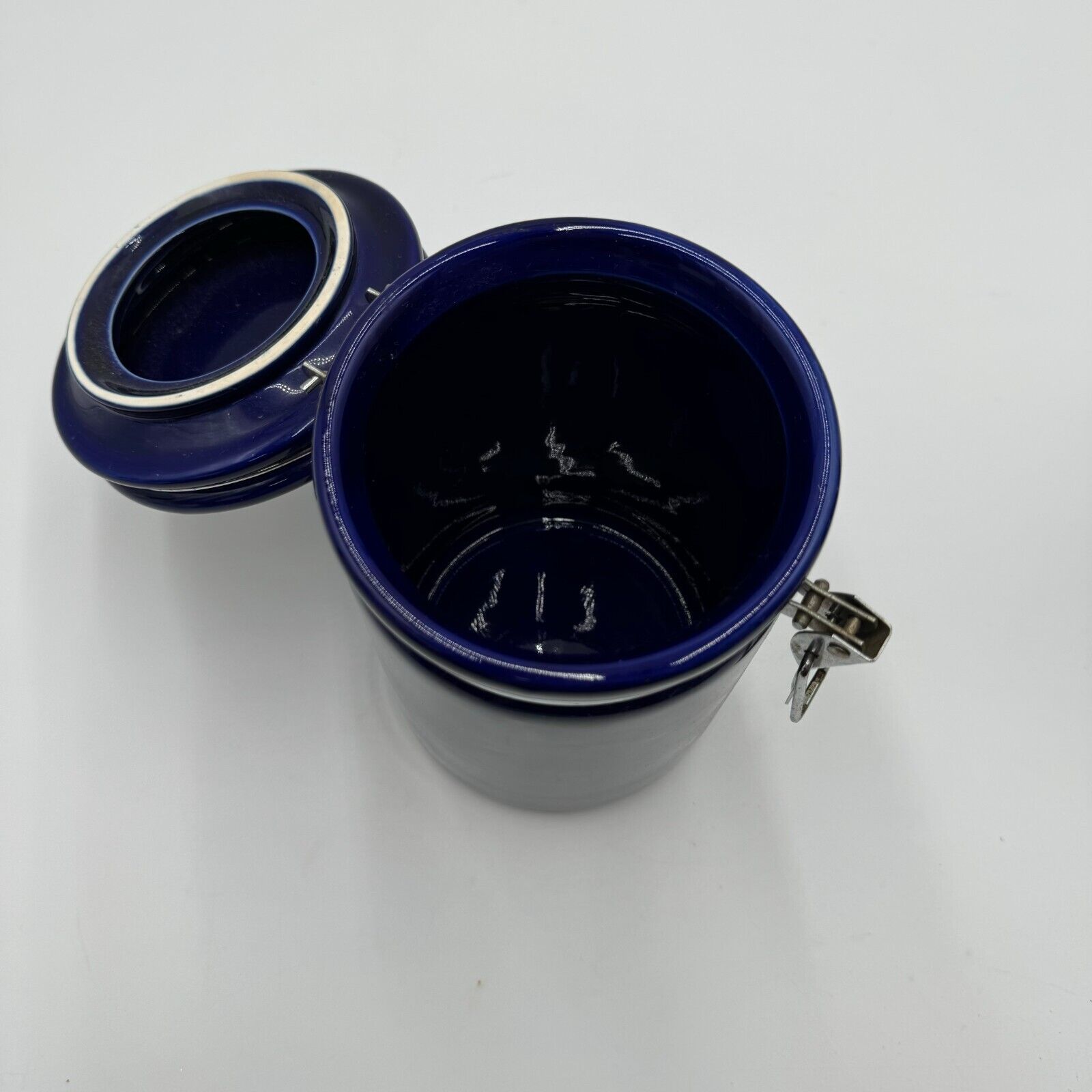 Set of 2 Kitchen Storage Canisters Blue Ceramic Metal Clasp 8” & 6” by 5”