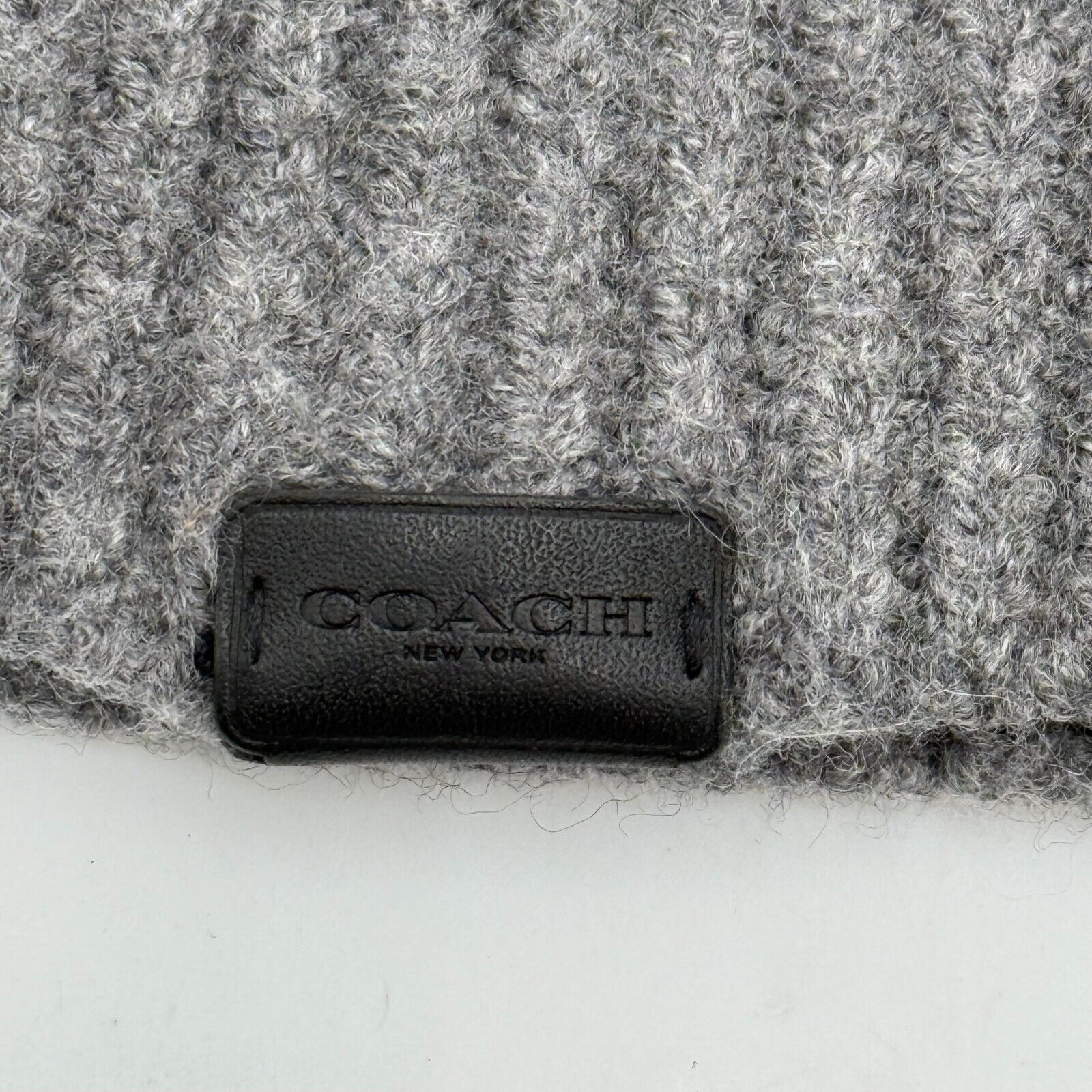 Coach Grey Knit Beanie Quality 100% Wool Genuine Leather Black Logo Trim