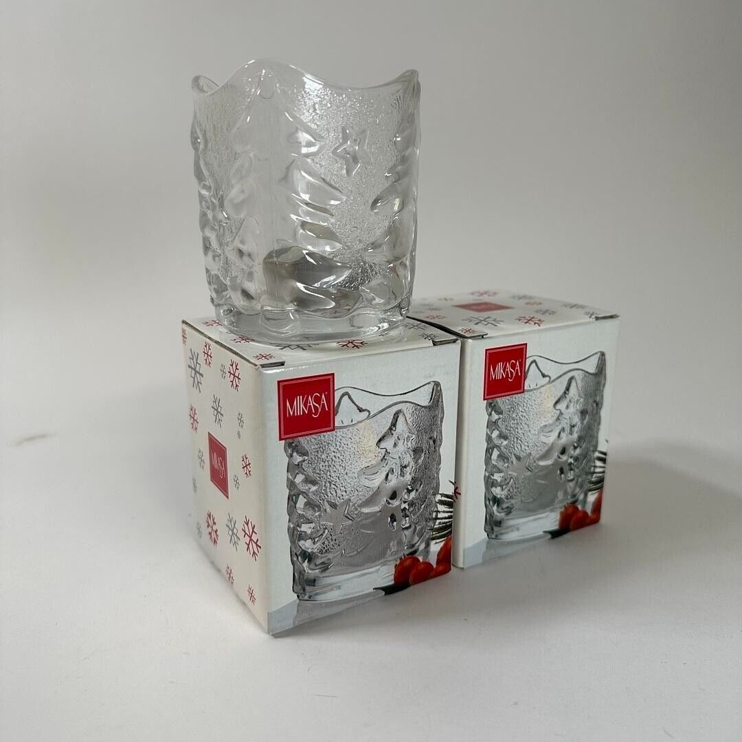 Mikasa Christmas Tree Yule Time Glass Votive Candle Holder 3.5" NIB Japan - Set