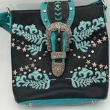 Western Style Purse Handbag Shoulder Strap Buckle Zipper Pockets Turquoise