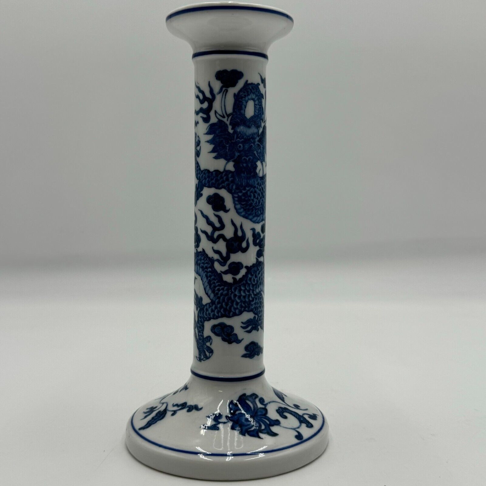 Andrea By Sadek Blue And White Ceramic Dragon Candlesticks 8in Vintage Chinese